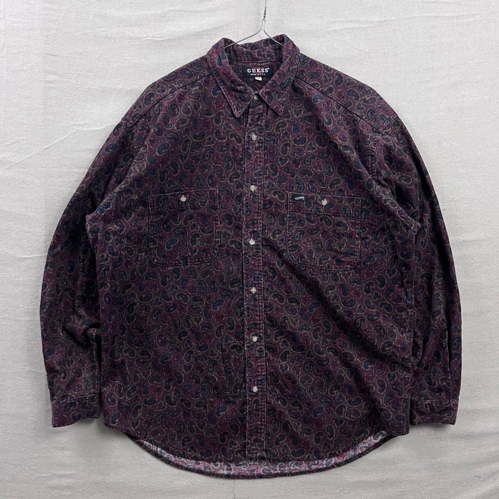 Guess Button Down Shirt Mens M Burgundy Paisley Corduroy Vintage Made in USA